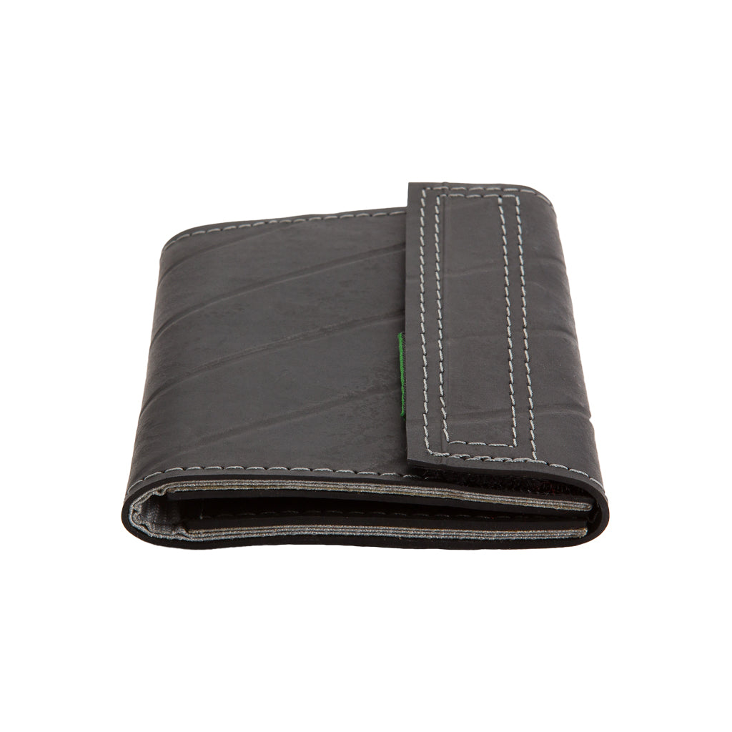 Paguro Upcycle black vegan recycled wallet with white stitching and fold-over flap