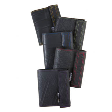 Paguro Upcycle vegan recycled wallet collection in black with colorful stitched accents