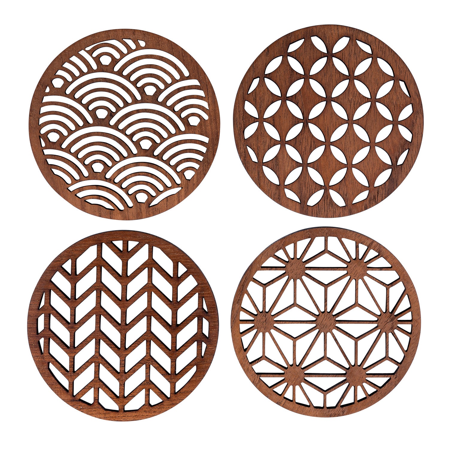 Paguro Upcycle Japanese pattern drink coasters set of four wooden round designs