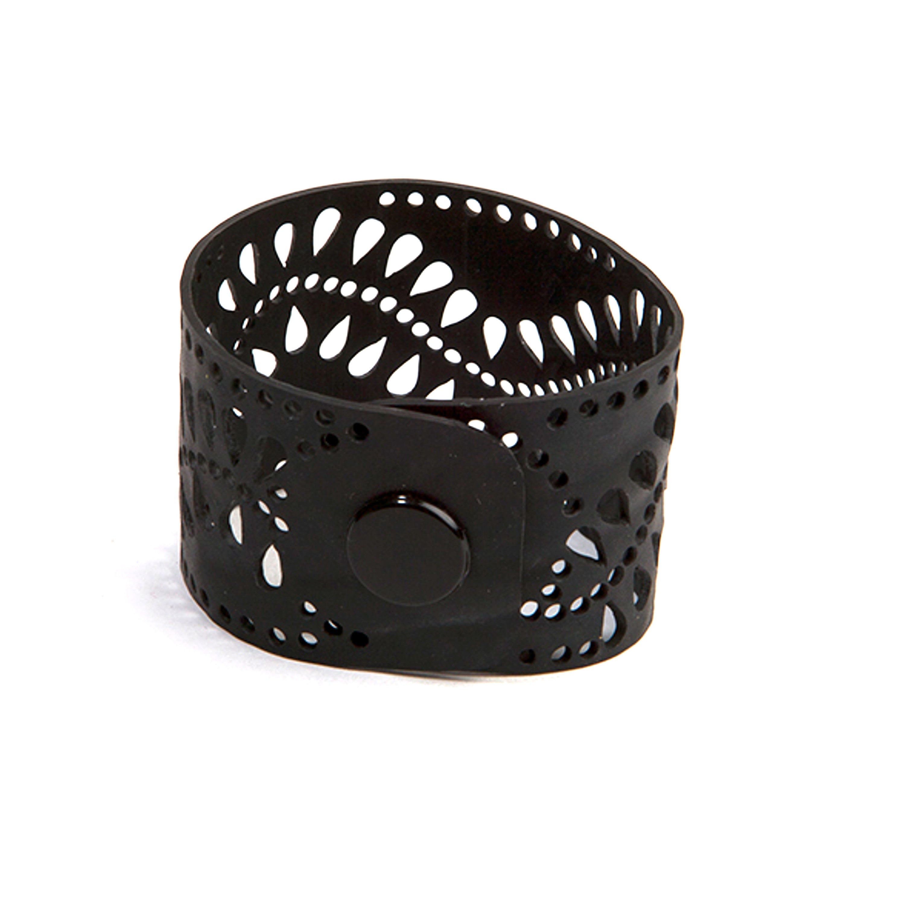 Paguro Upcycle black recycled rubber bracelet with intricate cutout pattern and snap button closure