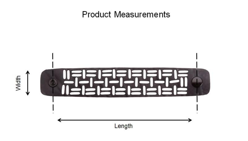 Paguro Upcycle recycled rubber bracelet UK black slotted cuff with snap closures shown with length and width measurements