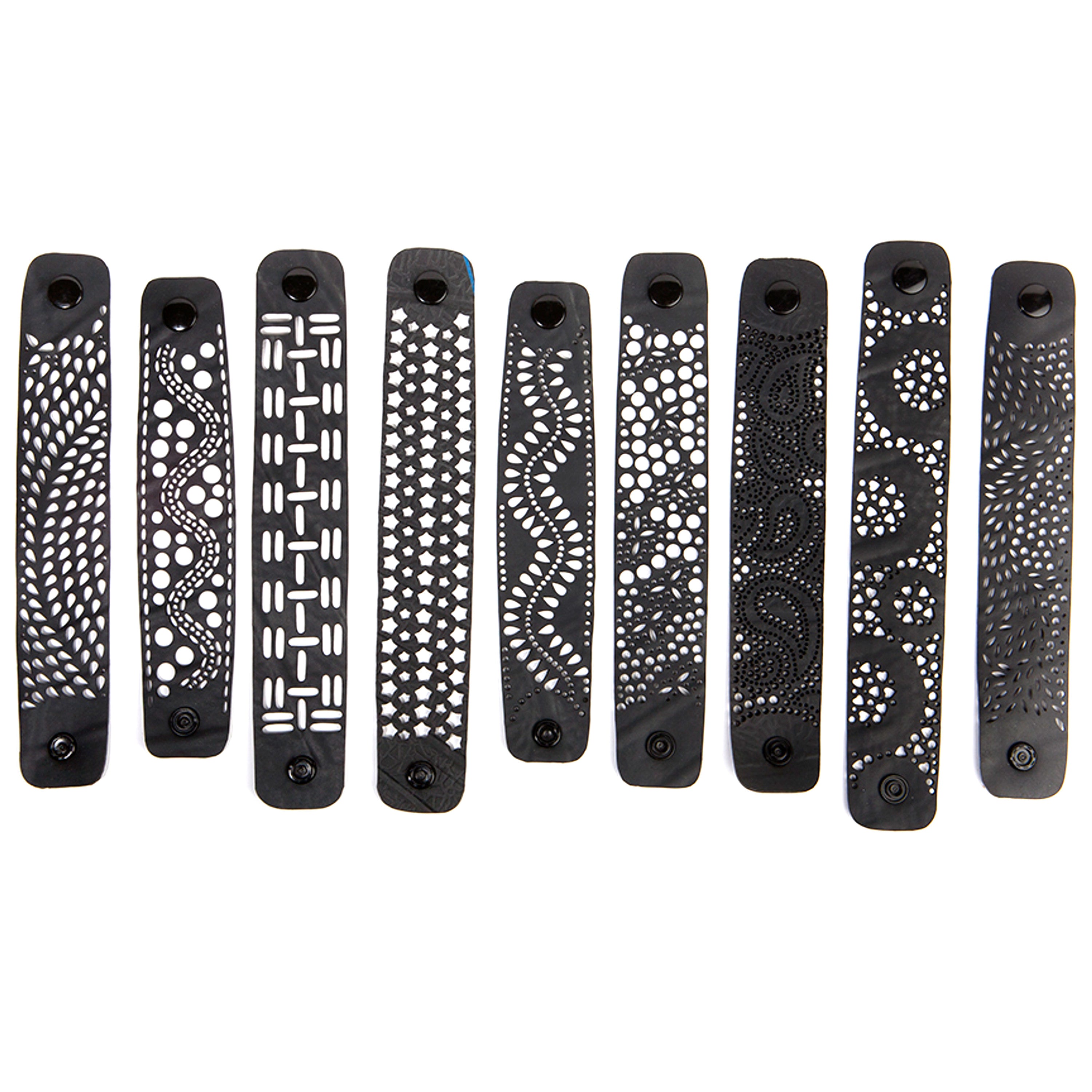 Paguro Upcycle recycled rubber bracelet set with black bands featuring intricate cutout patterns