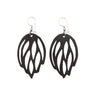 Paguro Upcycle black leaf cutout recycled rubber earrings UK with silver hooks lightweight eco friendly design