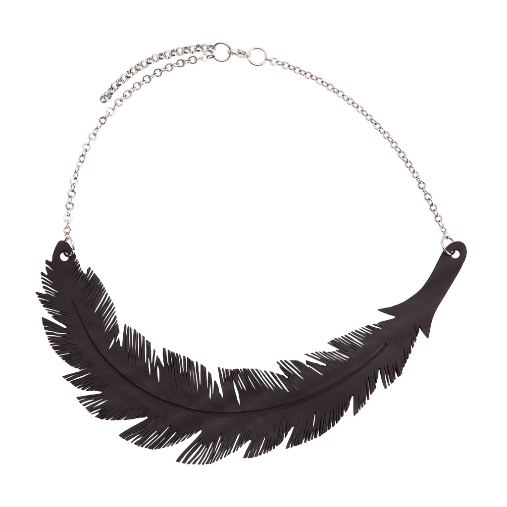 Paguro Upcycle upcycled feather necklace with black detailed feather pendant on silver chain