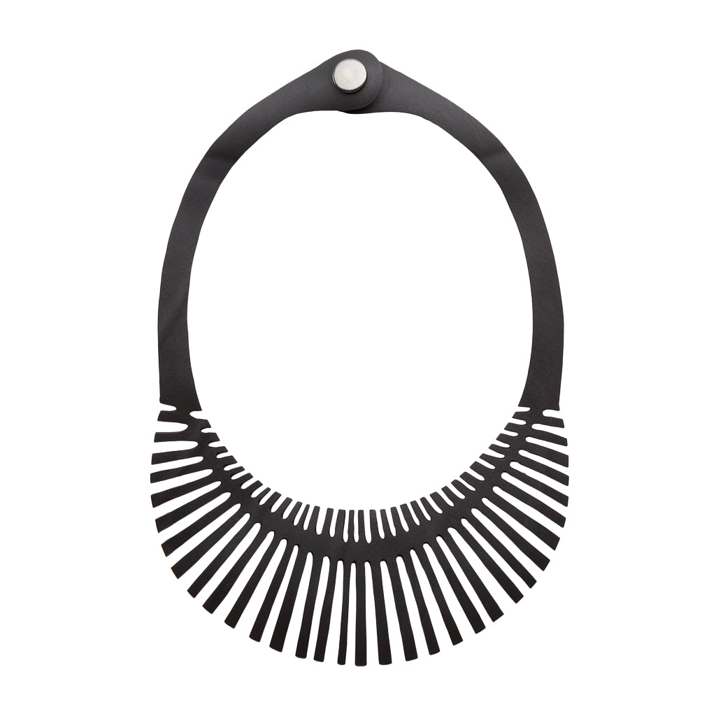 Paguro Upcycle upcycled inner tube necklace black rubber fan fringe with snap closure