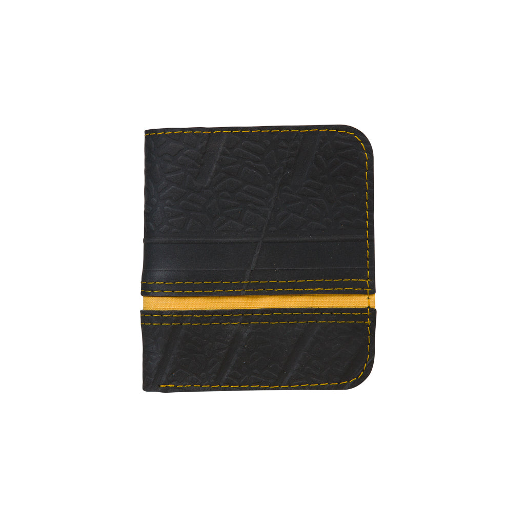 Paguro Upcycle black upcycled inner tube wallet with yellow stitching and compact design