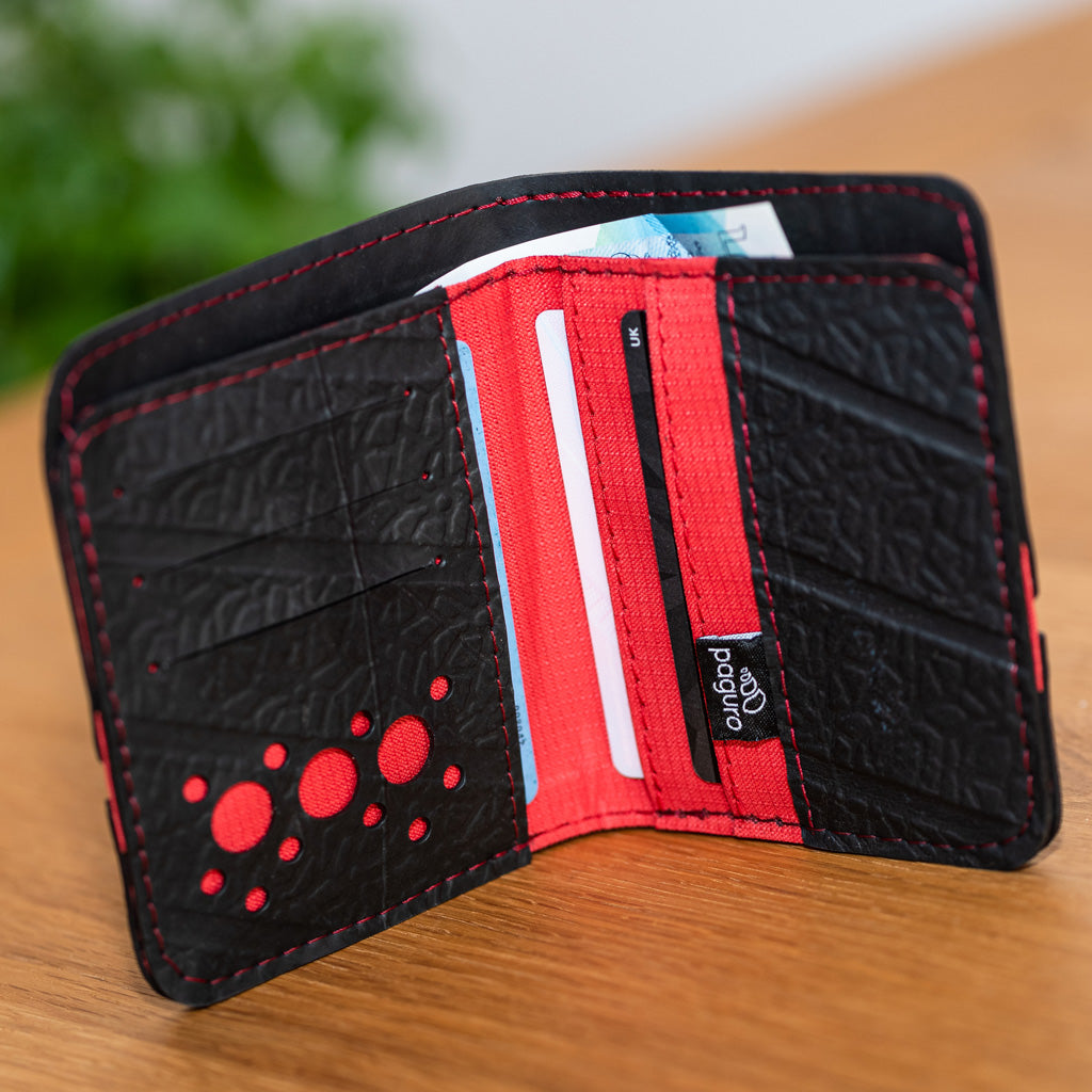 Paguro Upcycle black and red upcycled inner tube wallet with multiple card slots and cash compartment