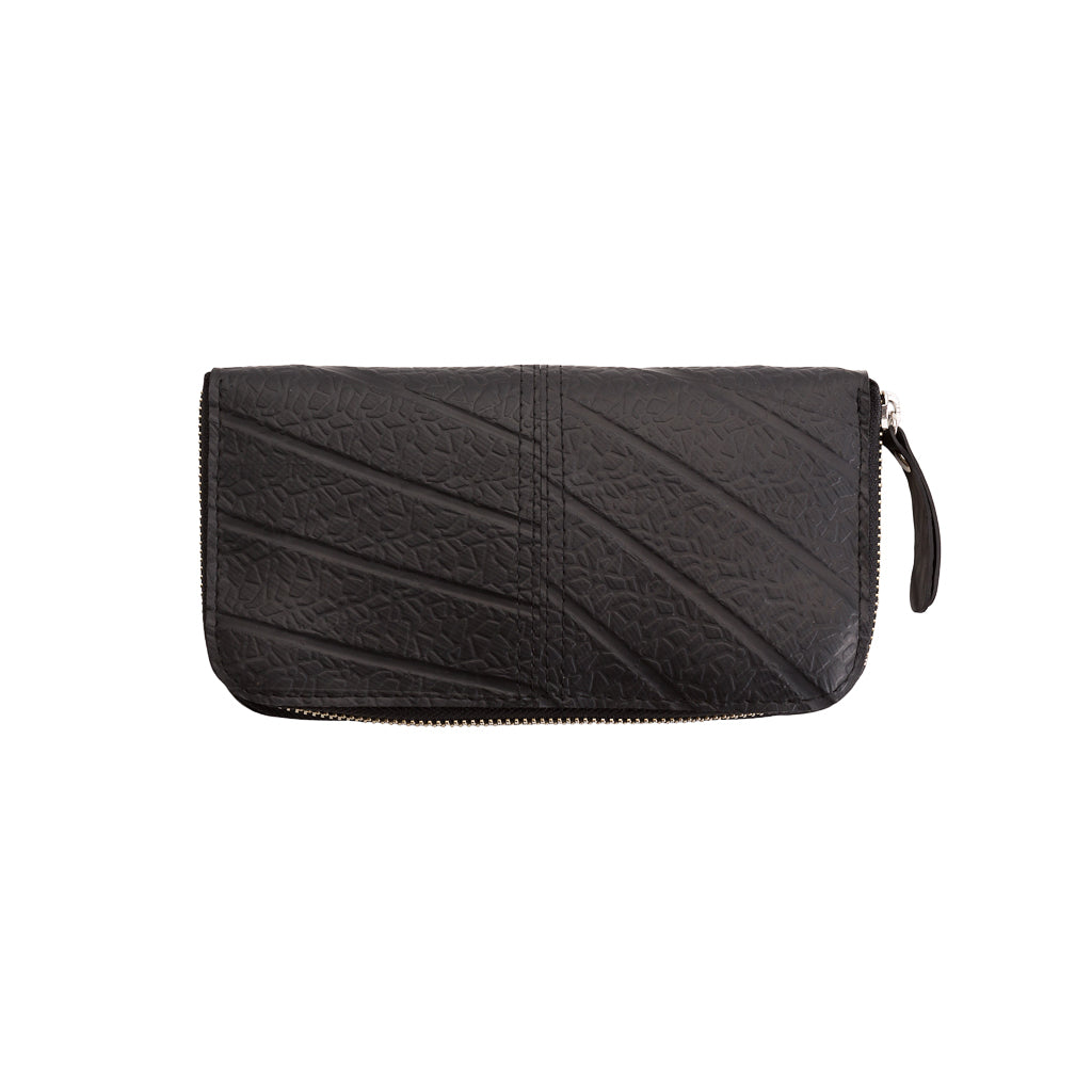 Paguro Upcycle black vegan long zip purse with textured pattern and zipper closure