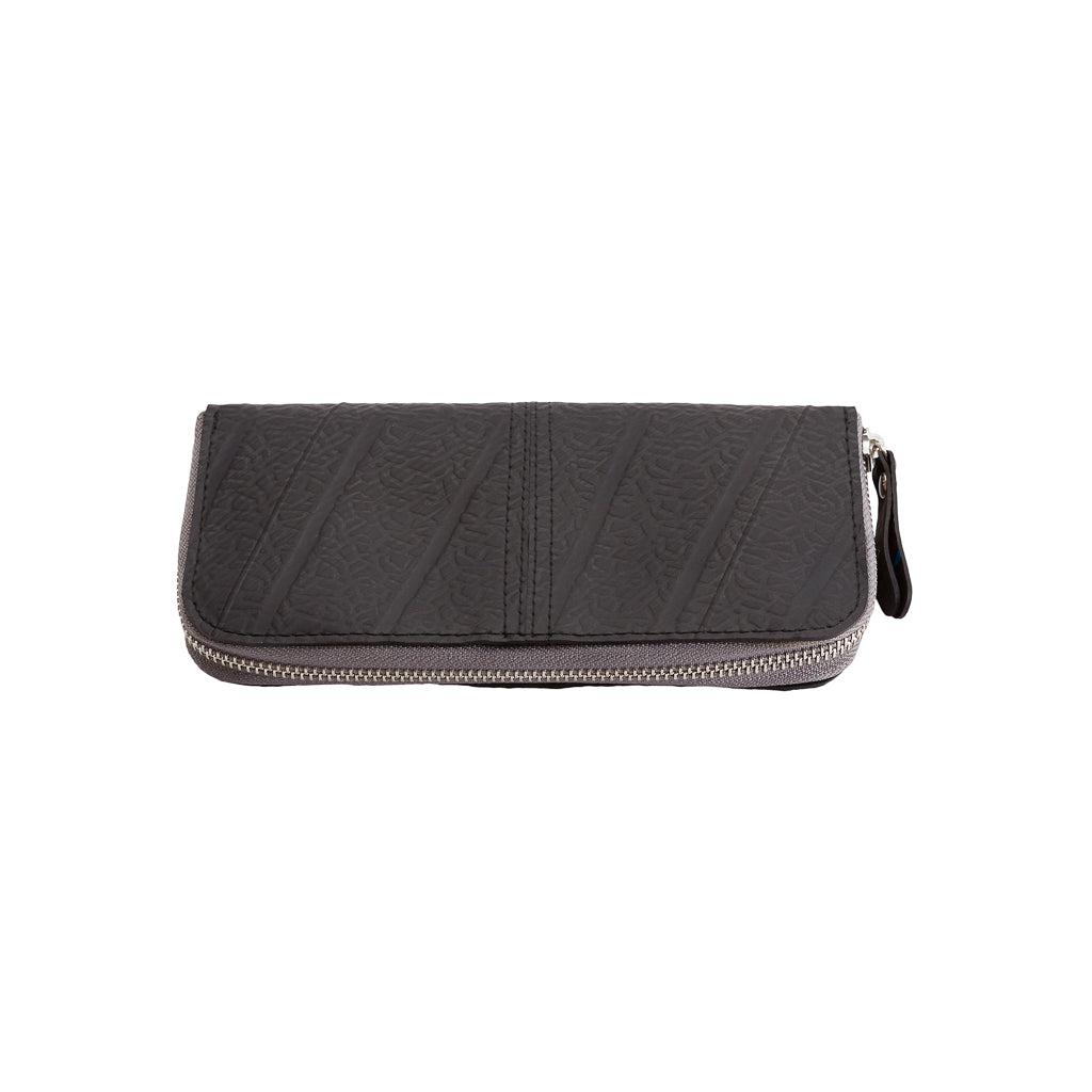 Paguro Upcycle vegan long zip purse in black with textured pattern and silver zipper