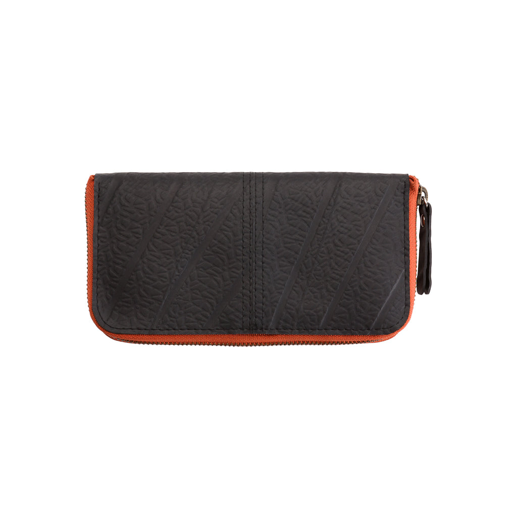 Paguro Upcycle black vegan long zip purse with textured design and orange zipper trim