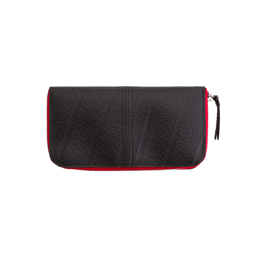 Paguro Upcycle black vegan long zip purse with red zipper and textured design