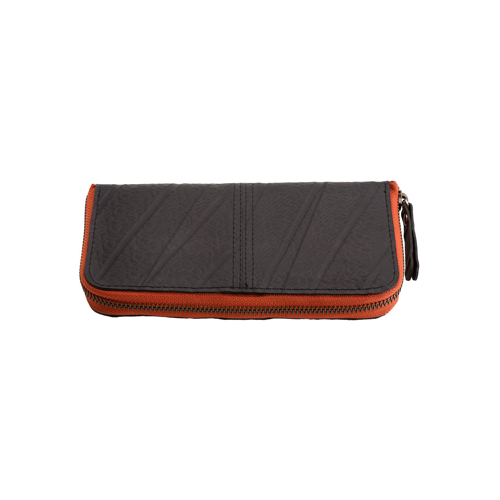 Paguro Upcycle vegan long zip purse in black with orange trim and zipper closure