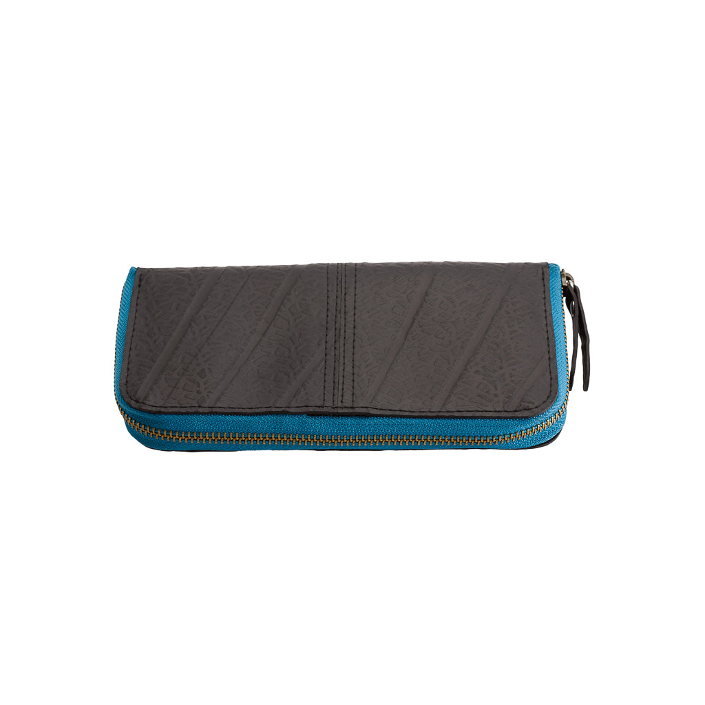 Paguro Upcycle vegan long zip purse in black with blue zipper and detailed stitching
