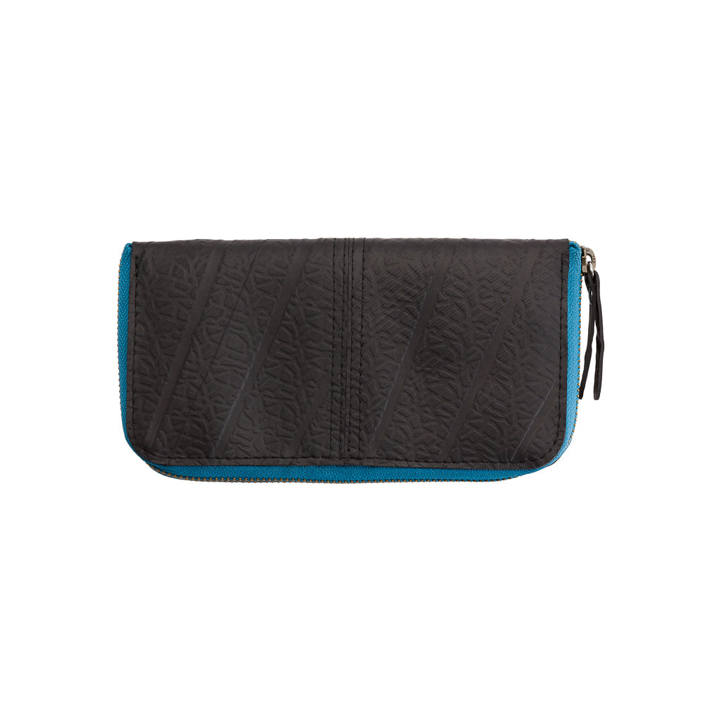 Paguro Upcycle vegan long zip purse in black with textured surface and blue zipper trim