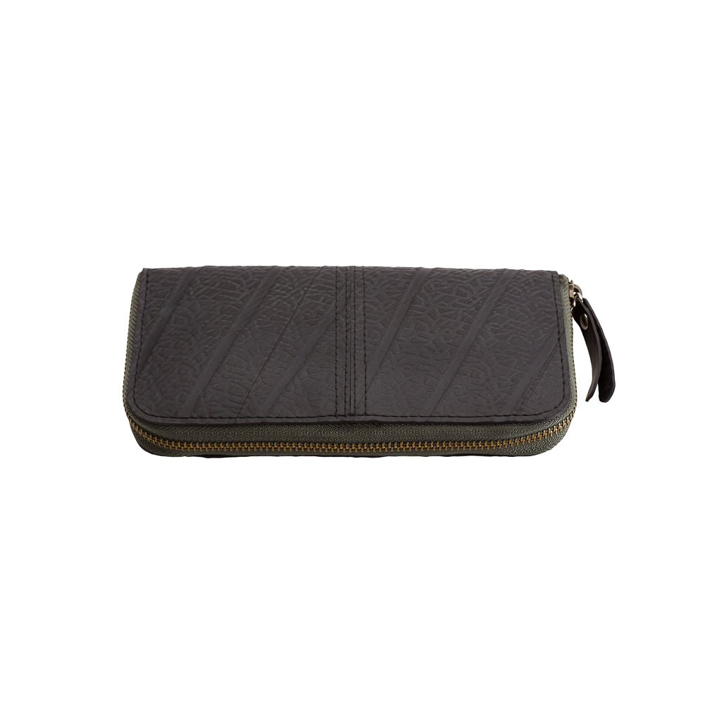 Paguro Upcycle black vegan long zip purse with textured pattern and gold zipper