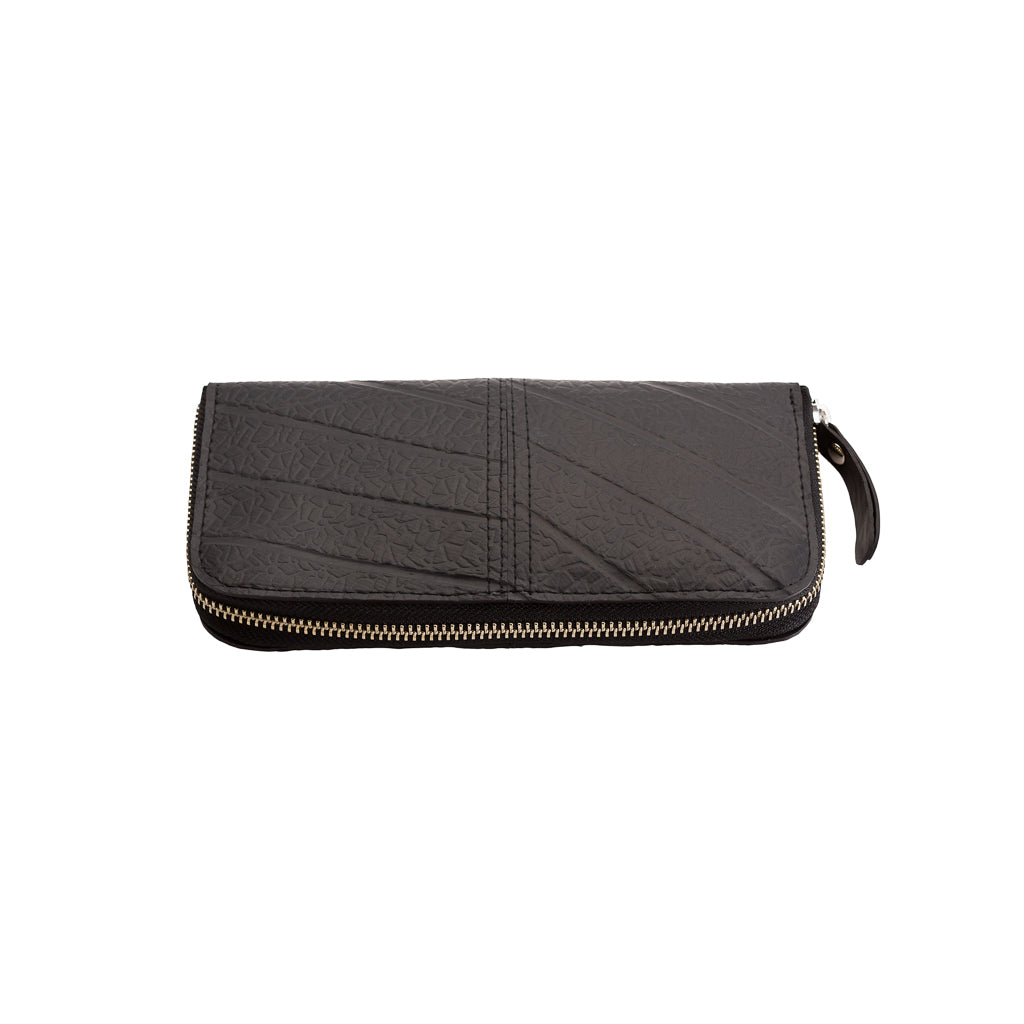Paguro Upcycle black vegan long zip purse with textured design and gold zipper