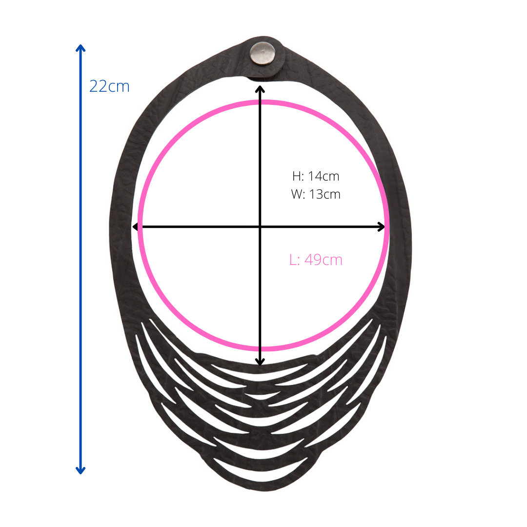 Paguro Upcycle vegan statement necklace for women with black layered design and dimensions
