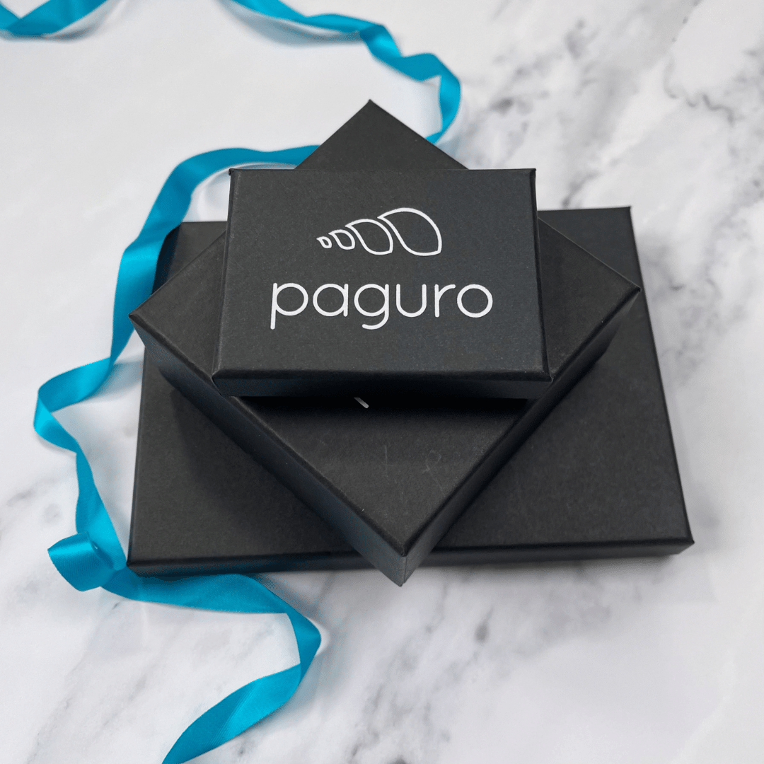 Paguro Upcycle black jewelry boxes with blue ribbon for vegan statement necklace for women packaging