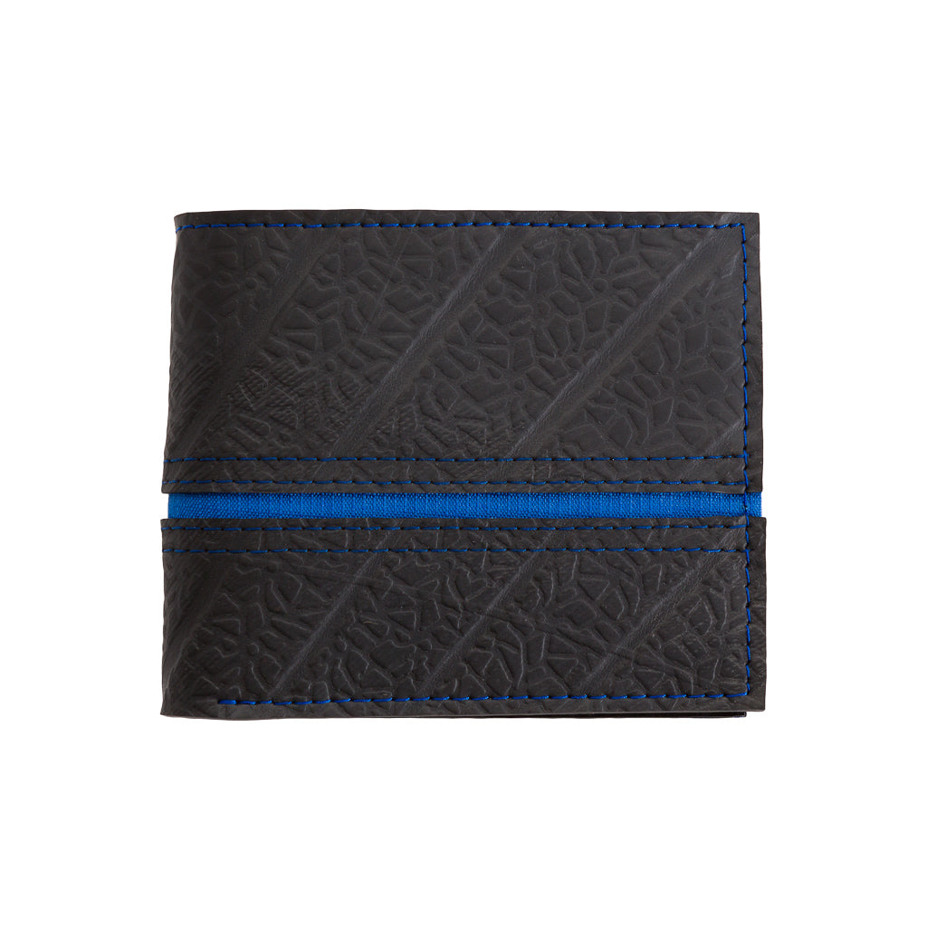 Paguro Upcycle vegan wallet made from inner tube with black textured surface and blue stitching