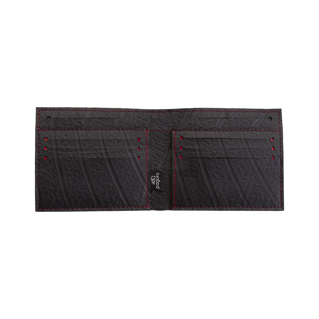Paguro Upcycle vegan wallet made from inner tube with multiple card slots and red stitching
