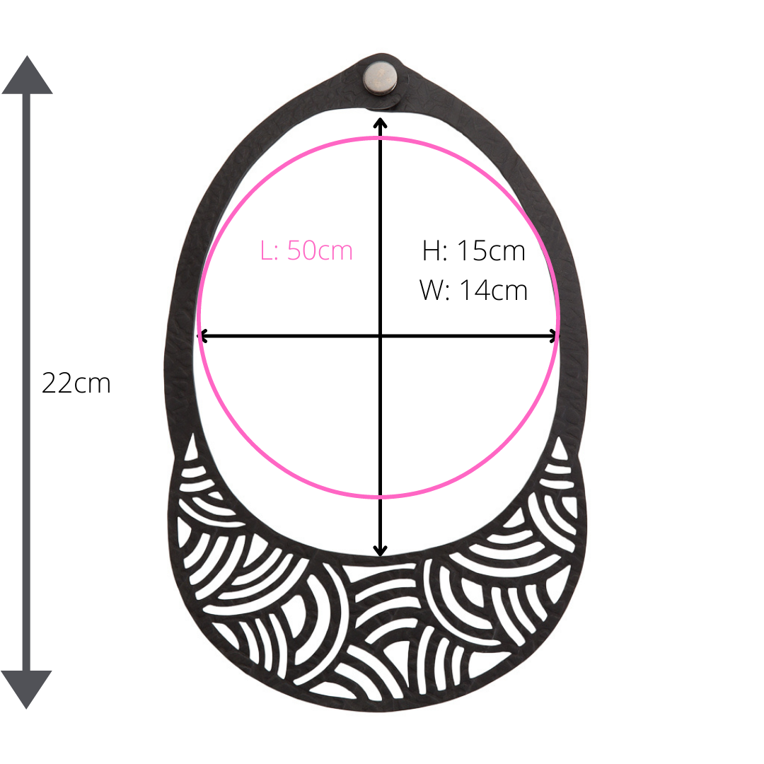 Paguro Upcycle upcycled inner tube necklace with black laser cut oval pendant patterned lower half and button clasp