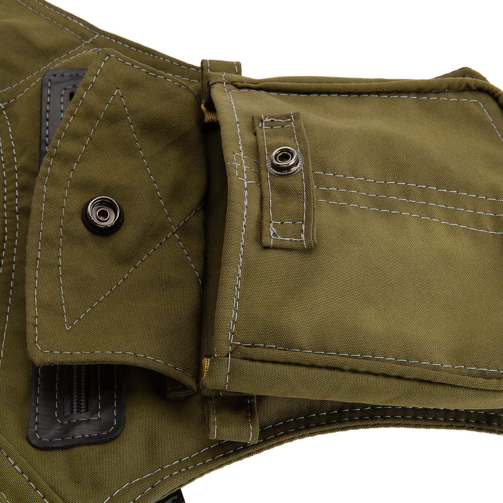 Close-up of olive green recycled canvas crossbody bag by Paguro Upcycle showing detailed stitching and snap button