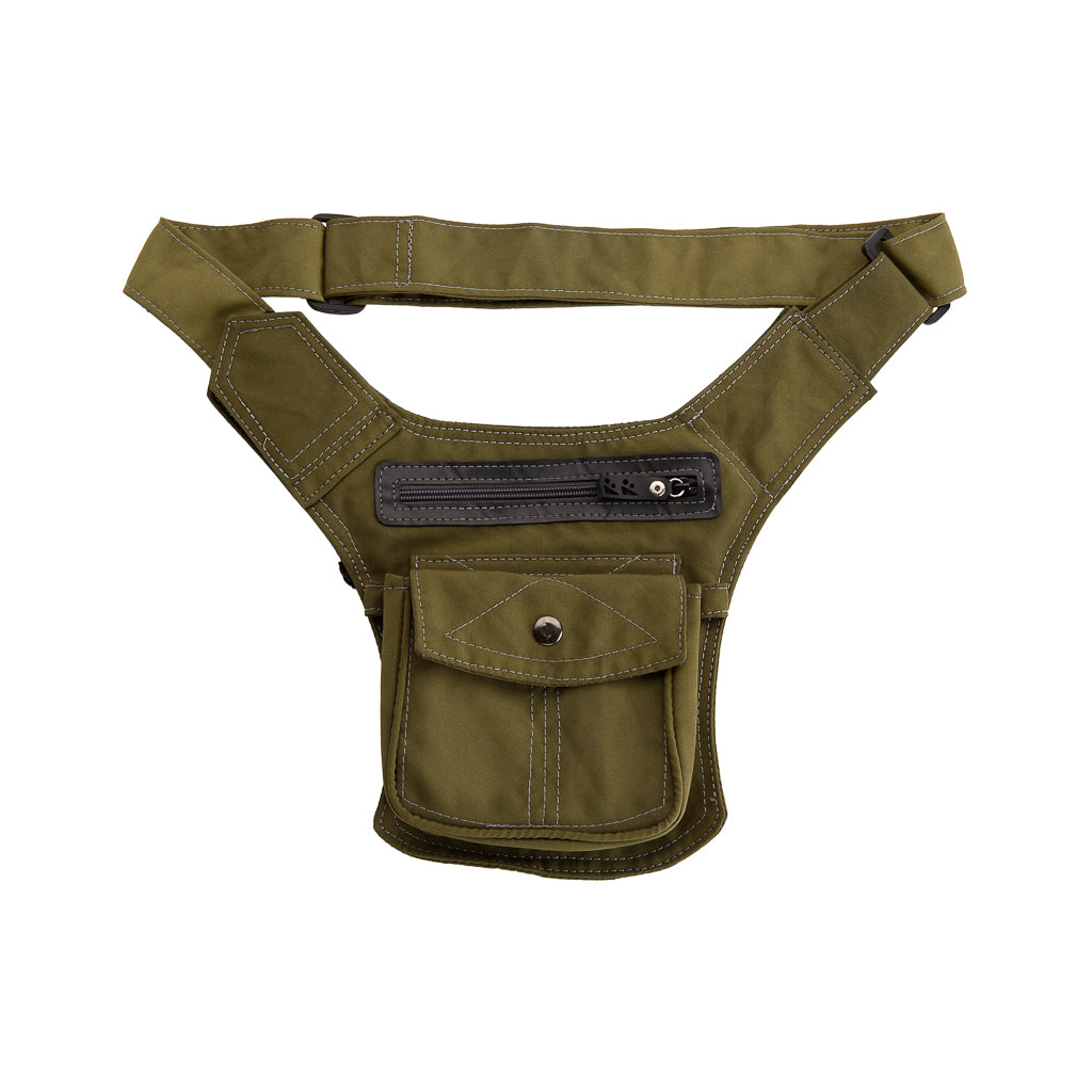 Paguro Upcycle recycled canvas crossbody bag in olive green with multiple zip and button pockets