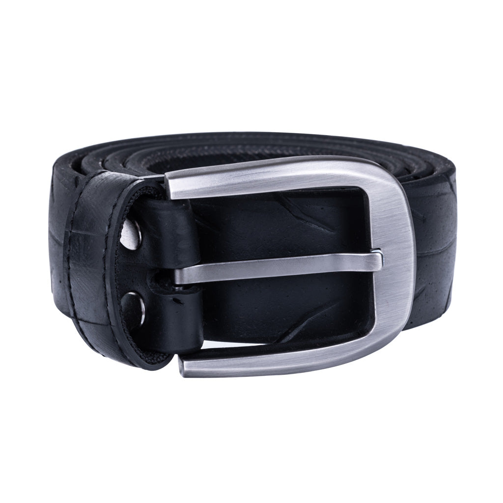 Paguro Upcycle black recycled rubber belt with silver metal buckle rolled up