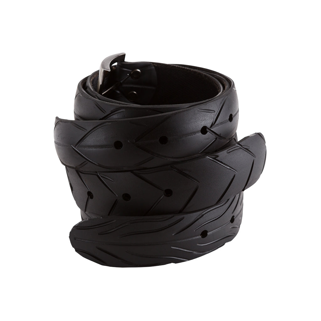Paguro Upcycle black recycled rubber belt with textured pattern and metal buckle rolled up