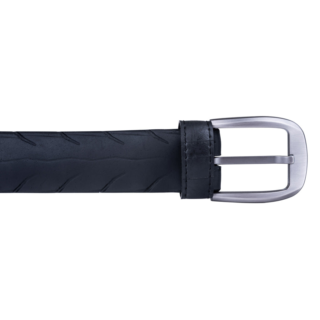 Paguro Upcycle black recycled rubber belt with silver metal buckle and textured pattern