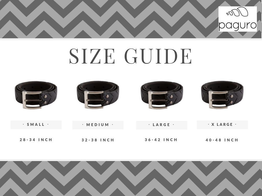 Paguro Upcycle recycled rubber belt size guide with small medium large and x large options