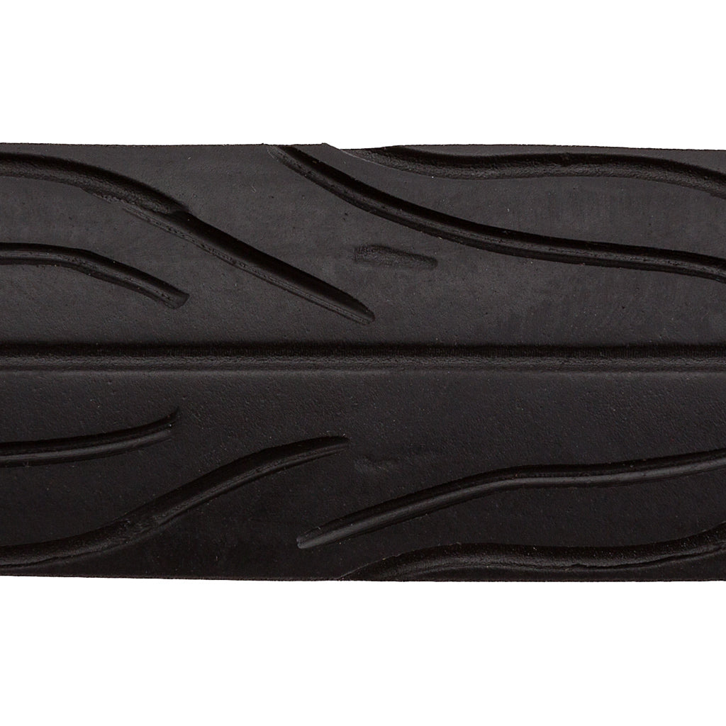 Close-up of black recycled rubber belt by Paguro Upcycle with textured tire tread pattern