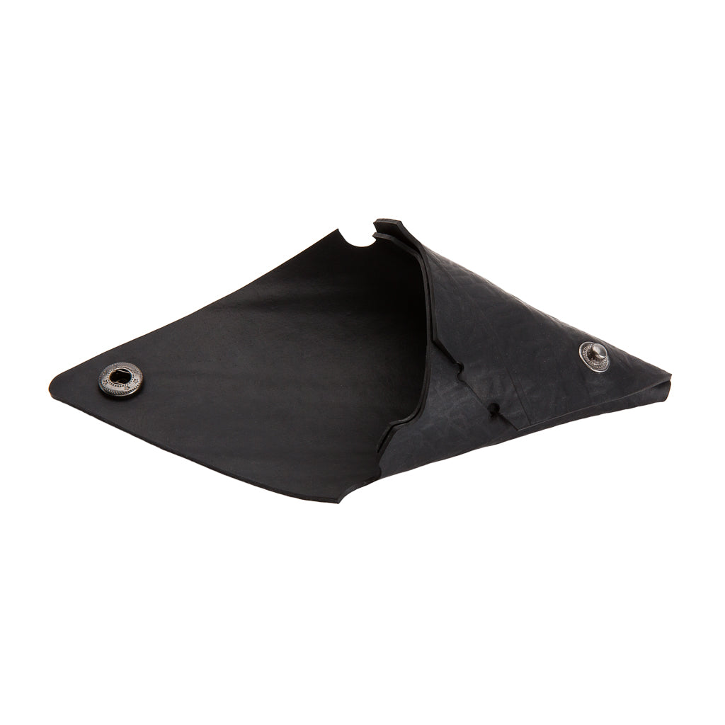 Paguro Upcycle black recycled rubber coin pouch with snap button closure open flat