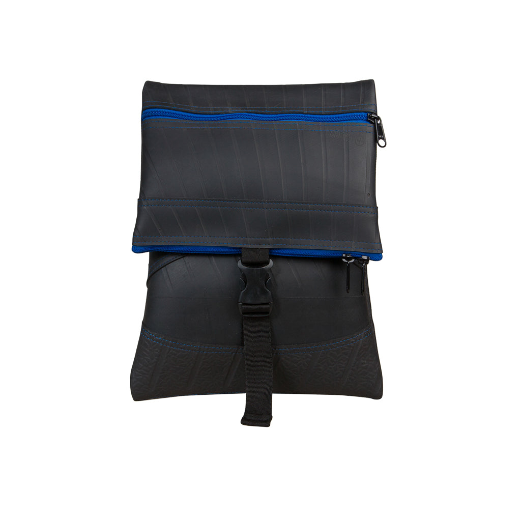Paguro Upcycle recycled rubber crossbody bag with black material and blue zipper details