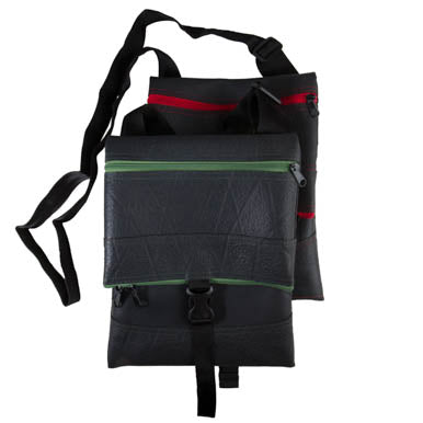 Paguro Upcycle recycled rubber crossbody bag in black with green and red zipper accents