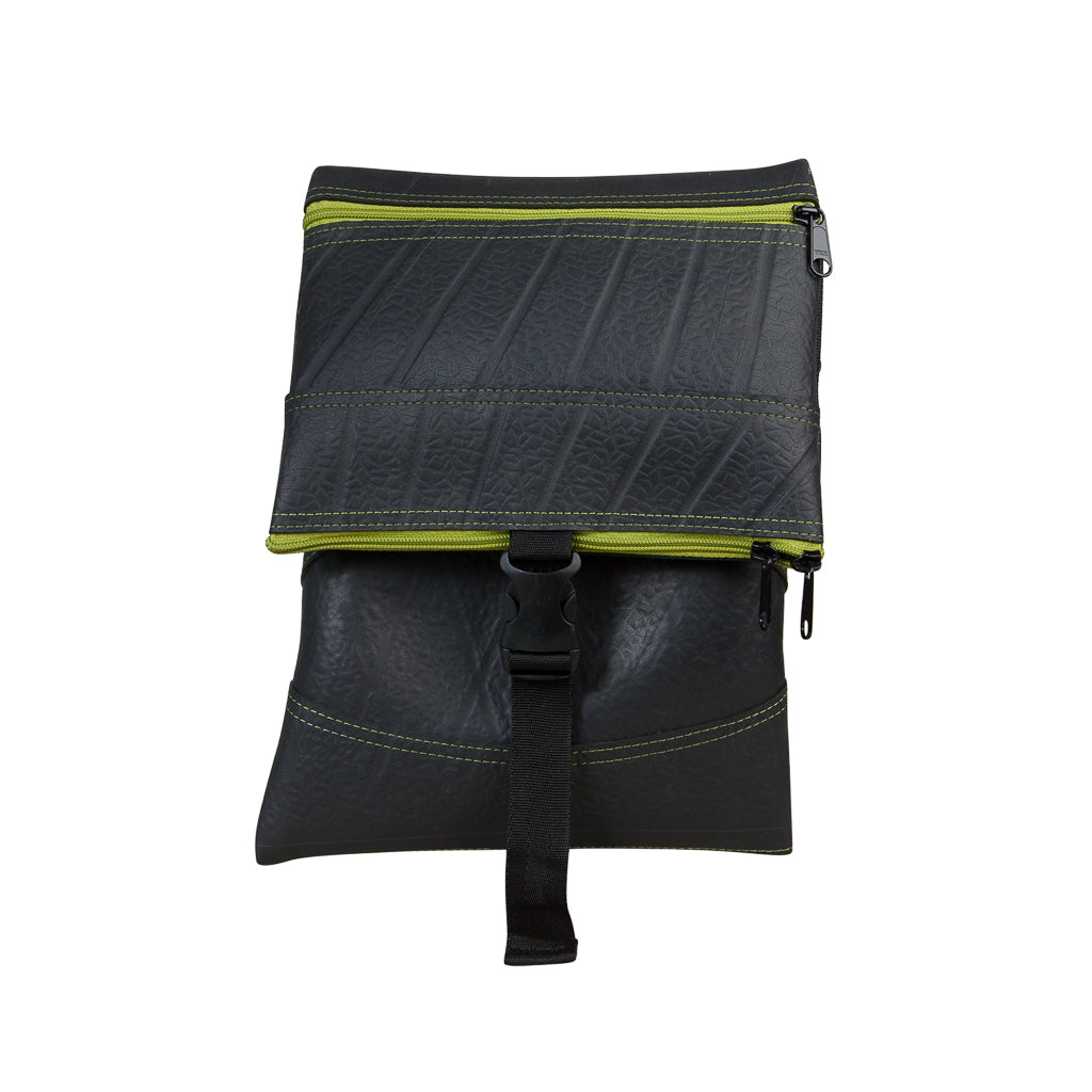 Paguro Upcycle recycled rubber crossbody bag in black with green stitching and zipper details