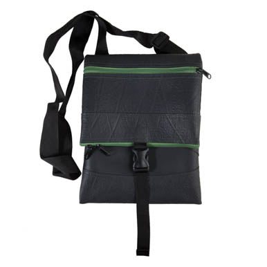 Paguro Upcycle recycled rubber crossbody bag in black with green zipper and adjustable strap