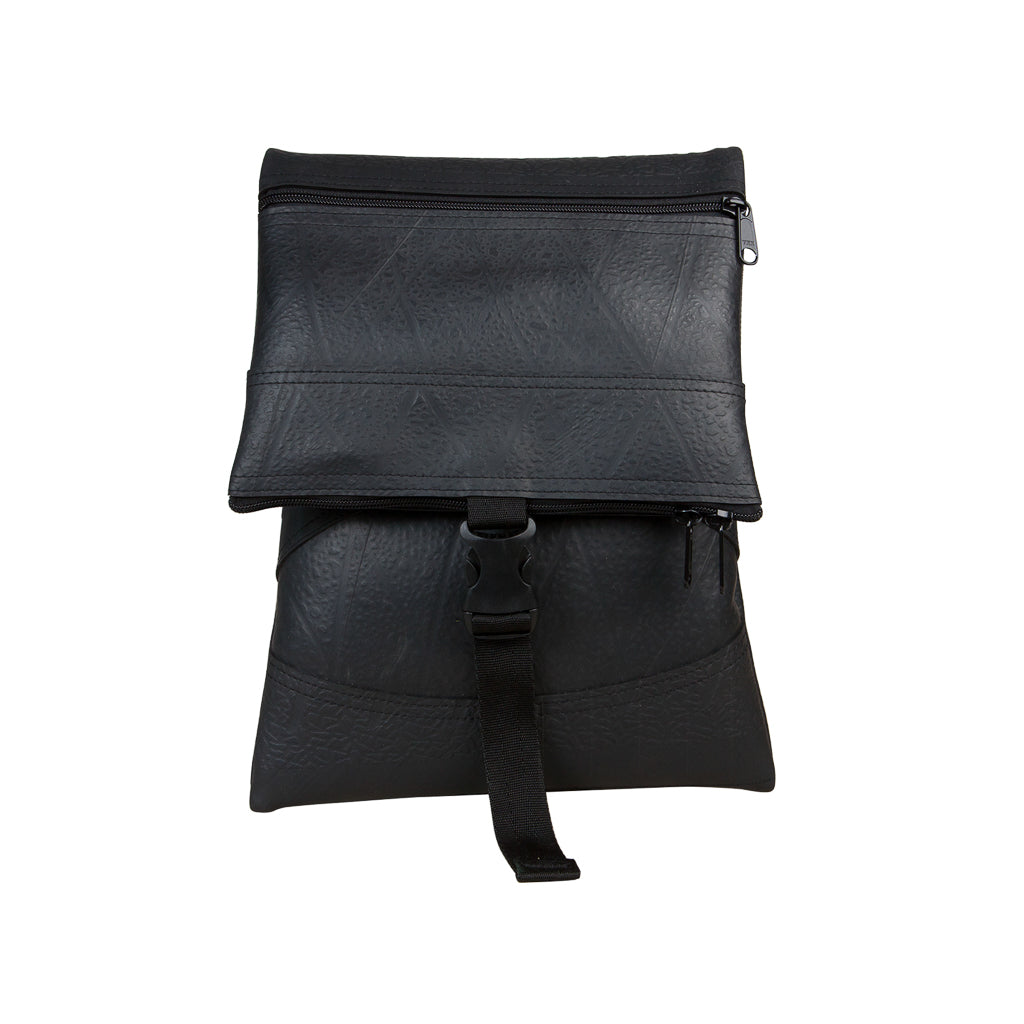 Paguro Upcycle black recycled rubber crossbody bag with zippered compartments and adjustable strap