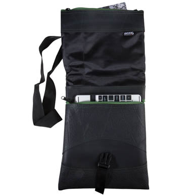 Paguro Upcycle recycled rubber crossbody bag in black with adjustable strap and spacious compartments