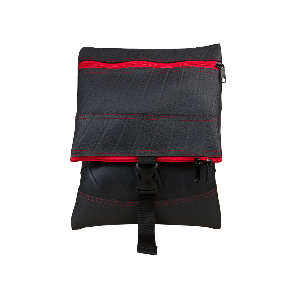 Paguro Upcycle recycled rubber crossbody bag in black with red zipper and buckle closure