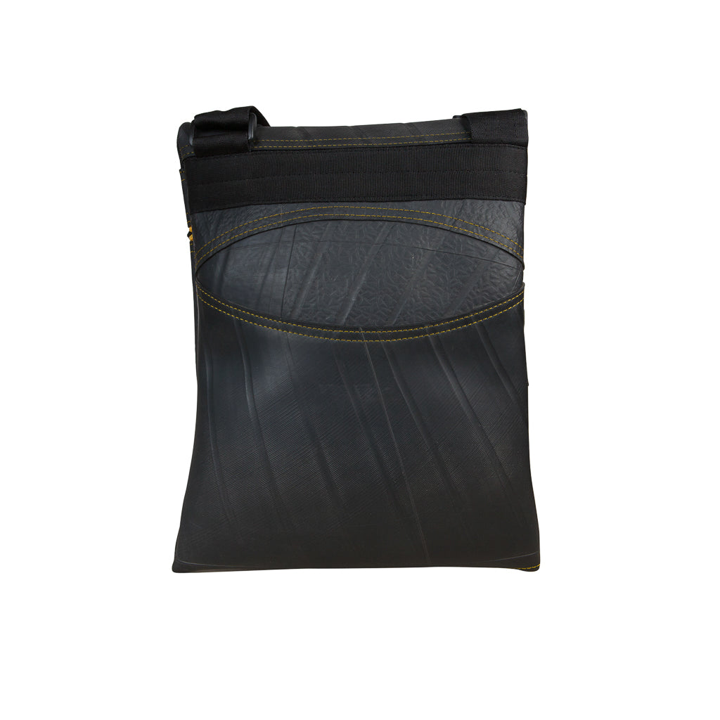 Paguro Upcycle recycled rubber crossbody bag in black with yellow stitching and front pocket