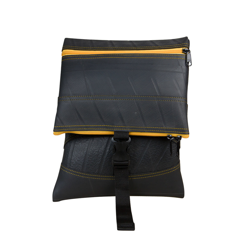 Paguro Upcycle recycled rubber crossbody bag in black with yellow stitching and zipper details