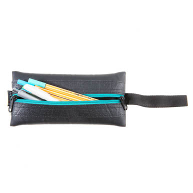 Paguro Upcycle recycled rubber pencil case in black with blue zipper and pens inside