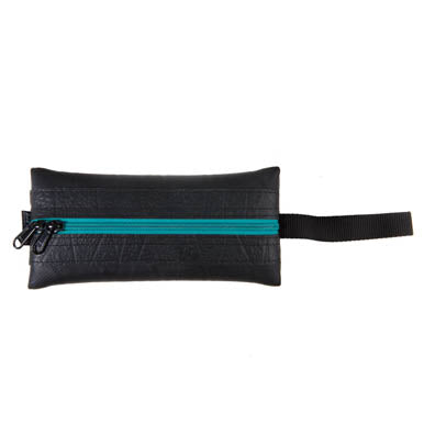 Paguro Upcycle recycled rubber pencil case in black with teal zipper and carrying strap