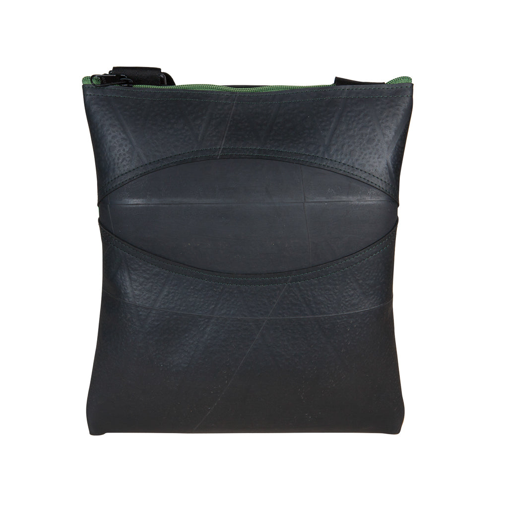 Paguro Upcycle black recycled rubber vegan handbag with green zipper and compact square design