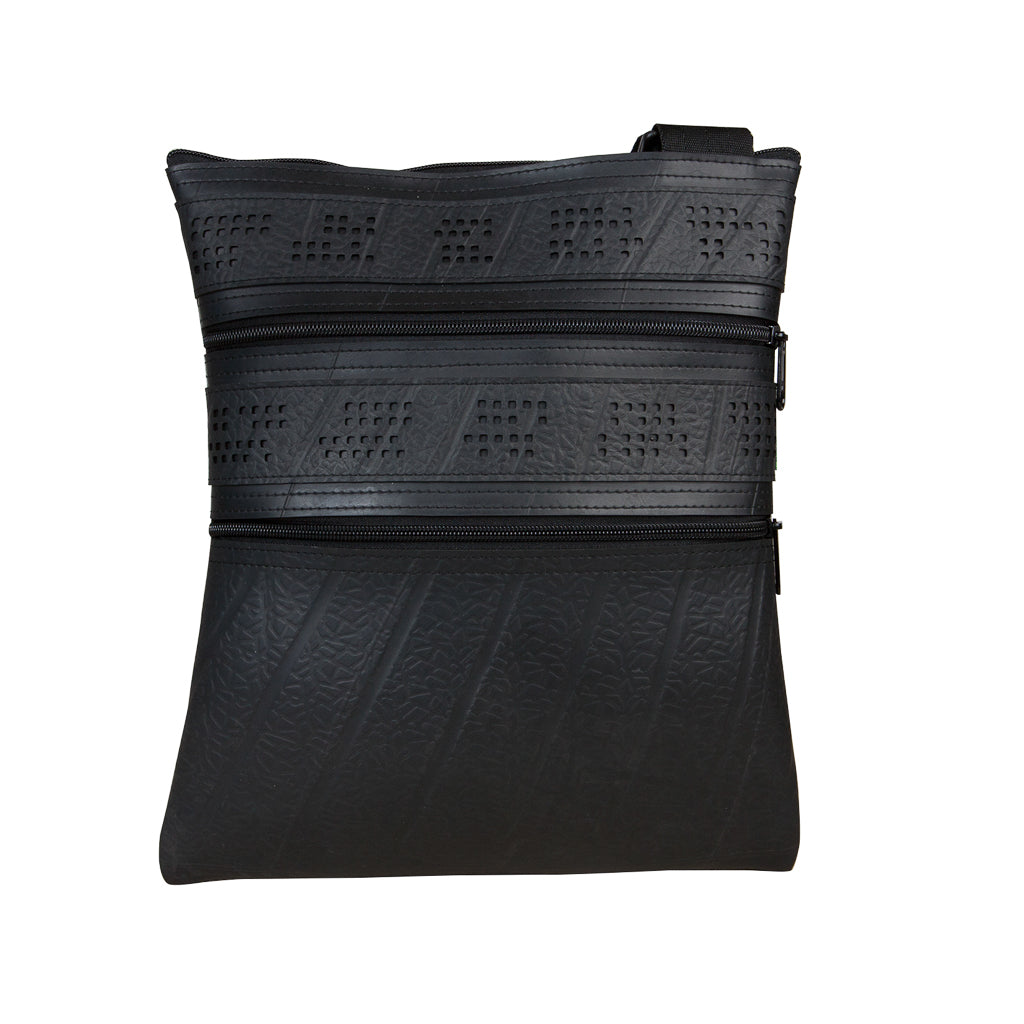 Paguro Upcycle black recycled rubber vegan handbag with dual zipper compartments and textured design