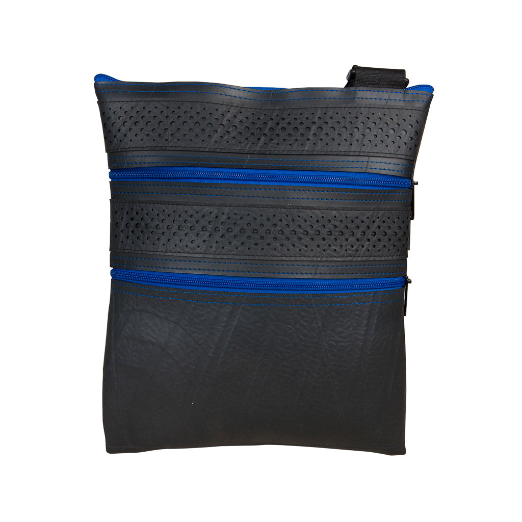 Paguro Upcycle recycled rubber vegan handbag in black with blue zippers and perforated design