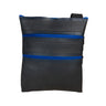 Paguro Upcycle recycled rubber vegan handbag in black with blue zippers and perforated design
