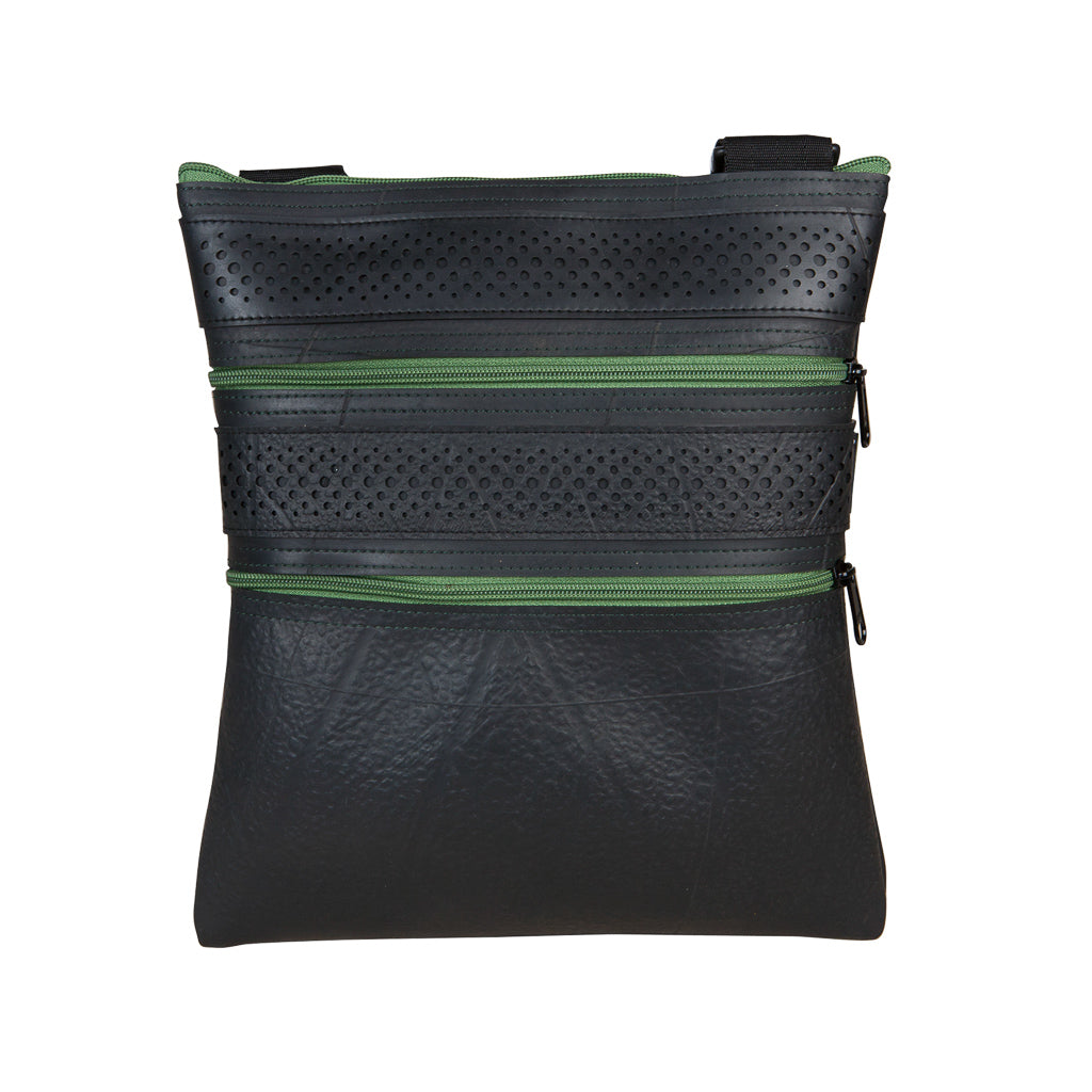 Paguro Upcycle recycled rubber vegan handbag with black perforated texture and green zippers