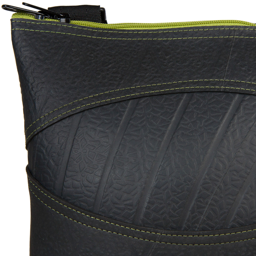 Paguro Upcycle recycled rubber vegan handbag with textured black material and green zipper detail